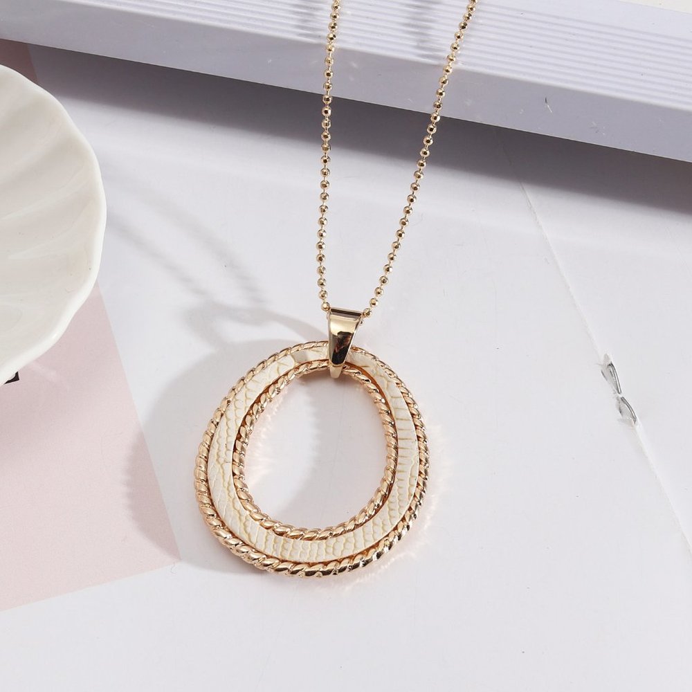 Vegan Leather Cream Snakeskin Gold Bead Chain Pendant Necklace - Picture 2 of 7